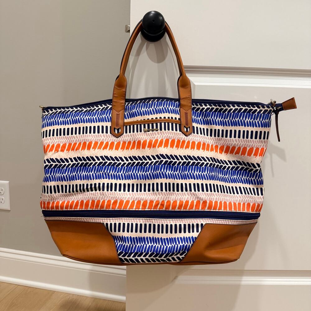 Stella & Dot • Getaway Expandable Weekender Travel Bag Blue Orange Ikat.